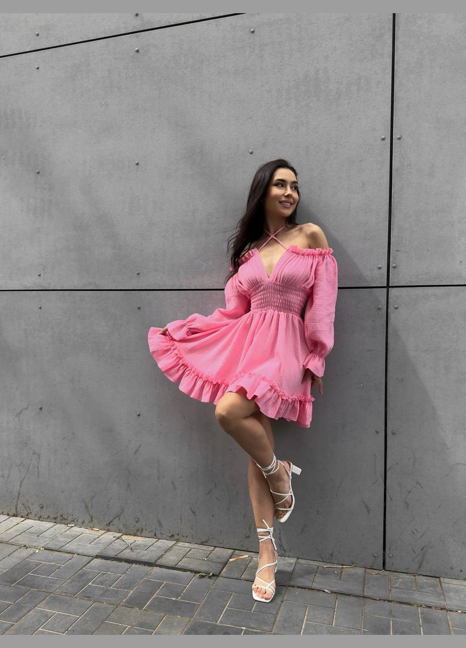 Персикова кежуал пишна міні сукня з мусліну кльош, з пишною спідницею Adelante однотонна