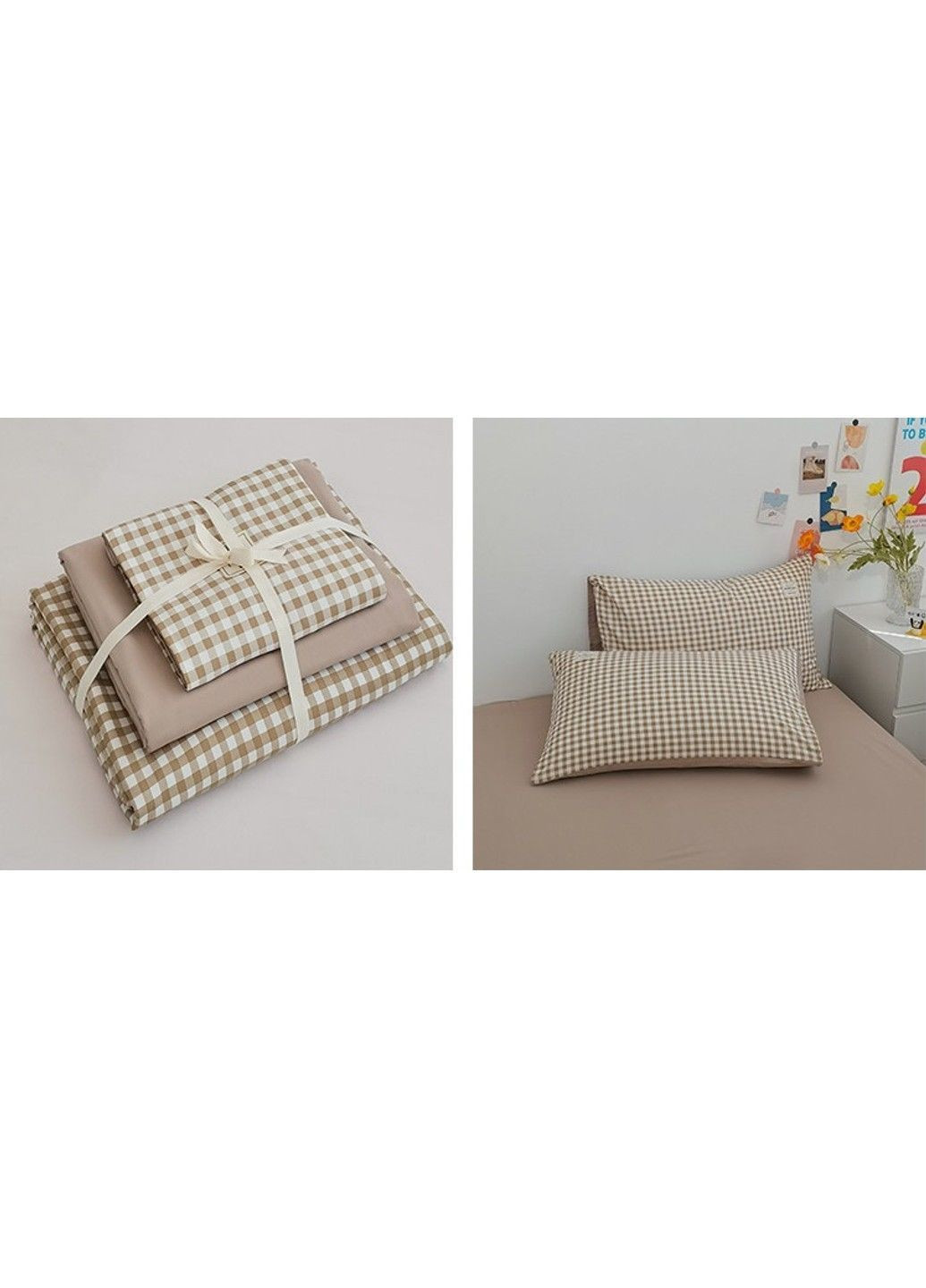 Постільна білизна двоспальна з вареної бавовни у коричневу клітинку No Brand (366964647)