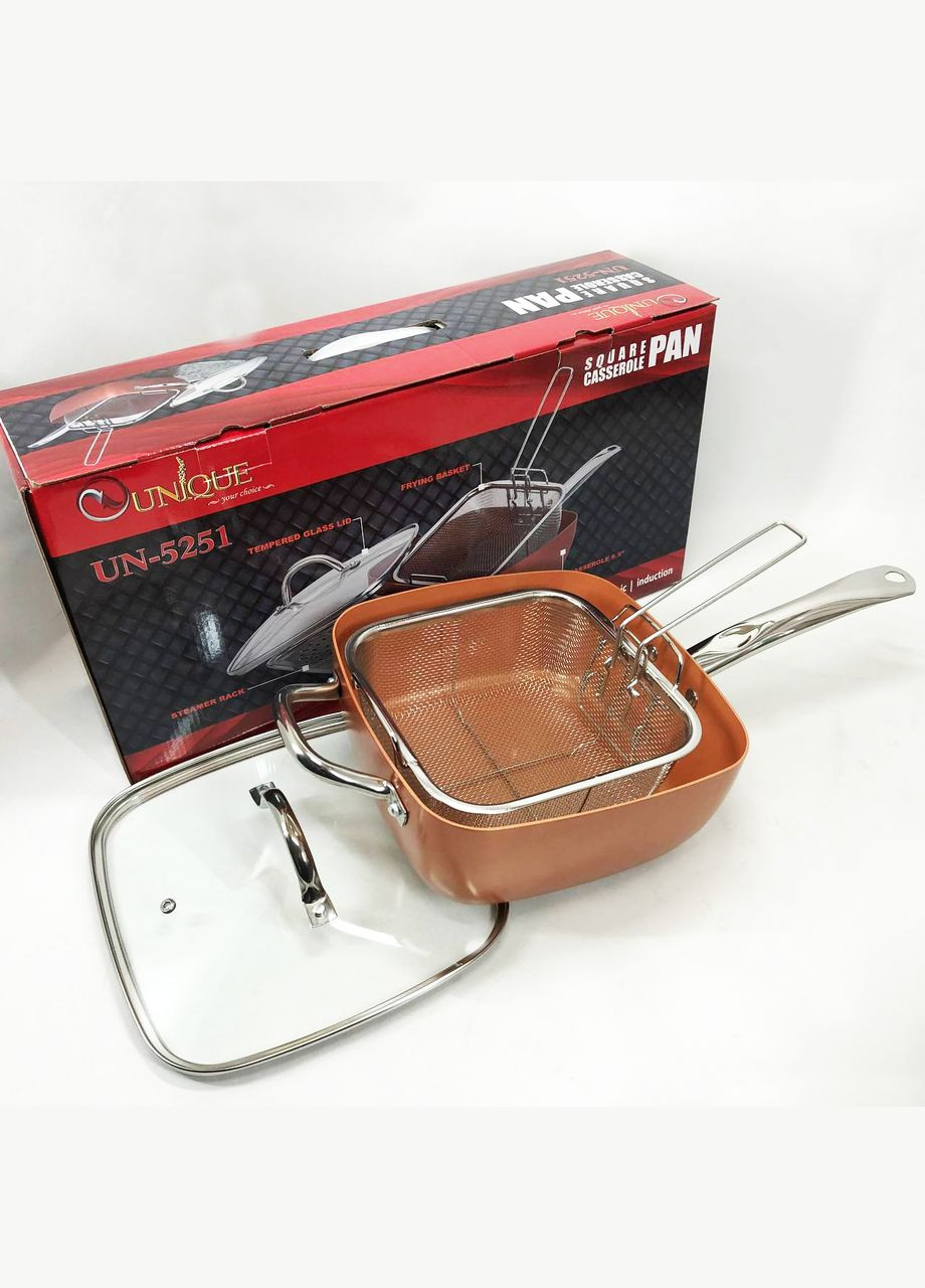 Сковорода-фритюрниця UN-5251 квадратна антипригарна з пароваркою та каструлею + скляна кришка 24 см Unique (364663687)