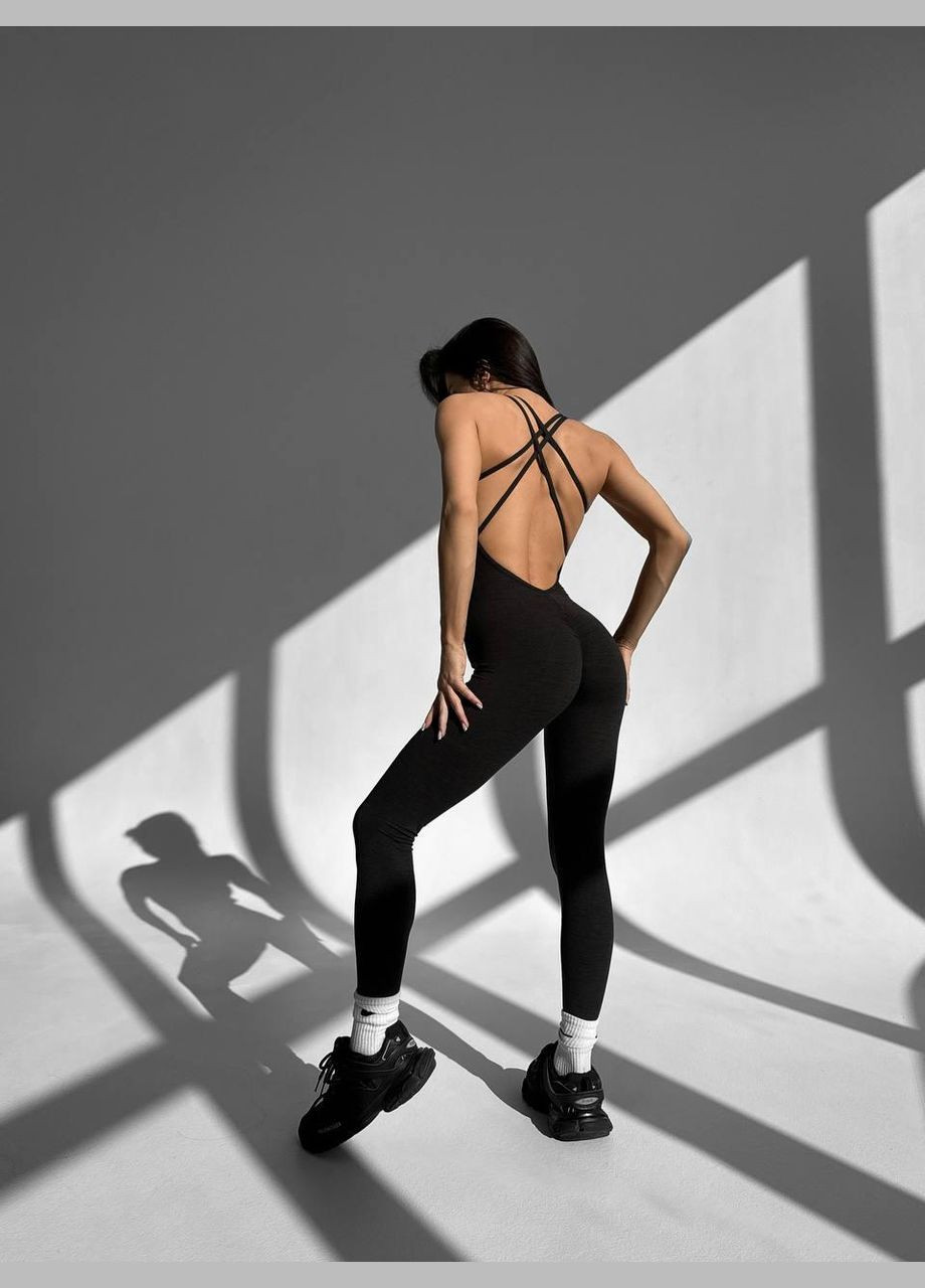 Спортивный комбинезон на тонких бретелях (длинный) с чашками и без пуш-ап, темно-серого цвета, размер S Trends комбинезон-брюки однотонный тёмно-серый спортивный