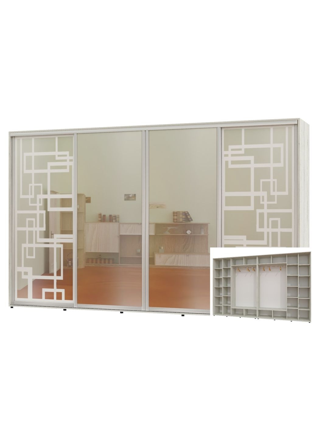 Шкаф-купе четырехдверный 410*60*250 Дуб крафт белый 2 Зеркала с пескоструйным рисунком/2 Зеркала Алекса (360461092)