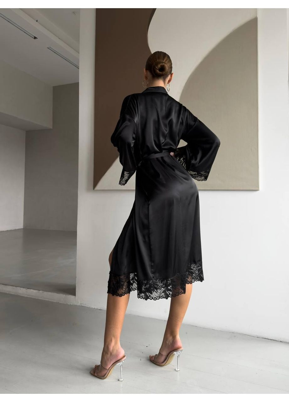 Халат шовковий довгий з мереживом / Халат атласний чорний з поясом і мереживними рукавами No Brand (366571591)