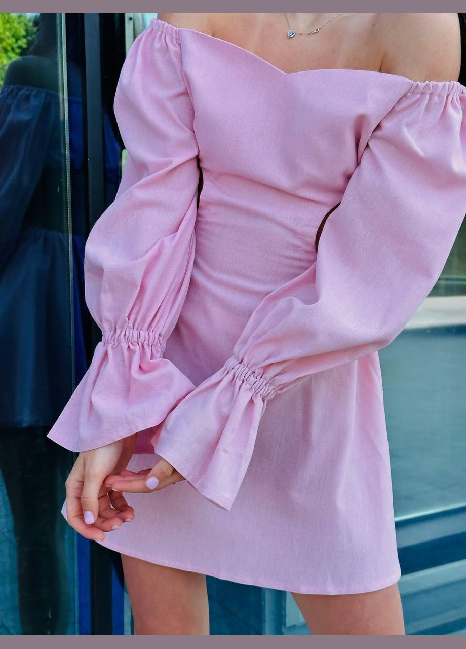 Рожева коротка рожева літня сукня з відкритою спиною з якісного турецького льону, сукня з довгим рукавом та відкритим декольте No Brand