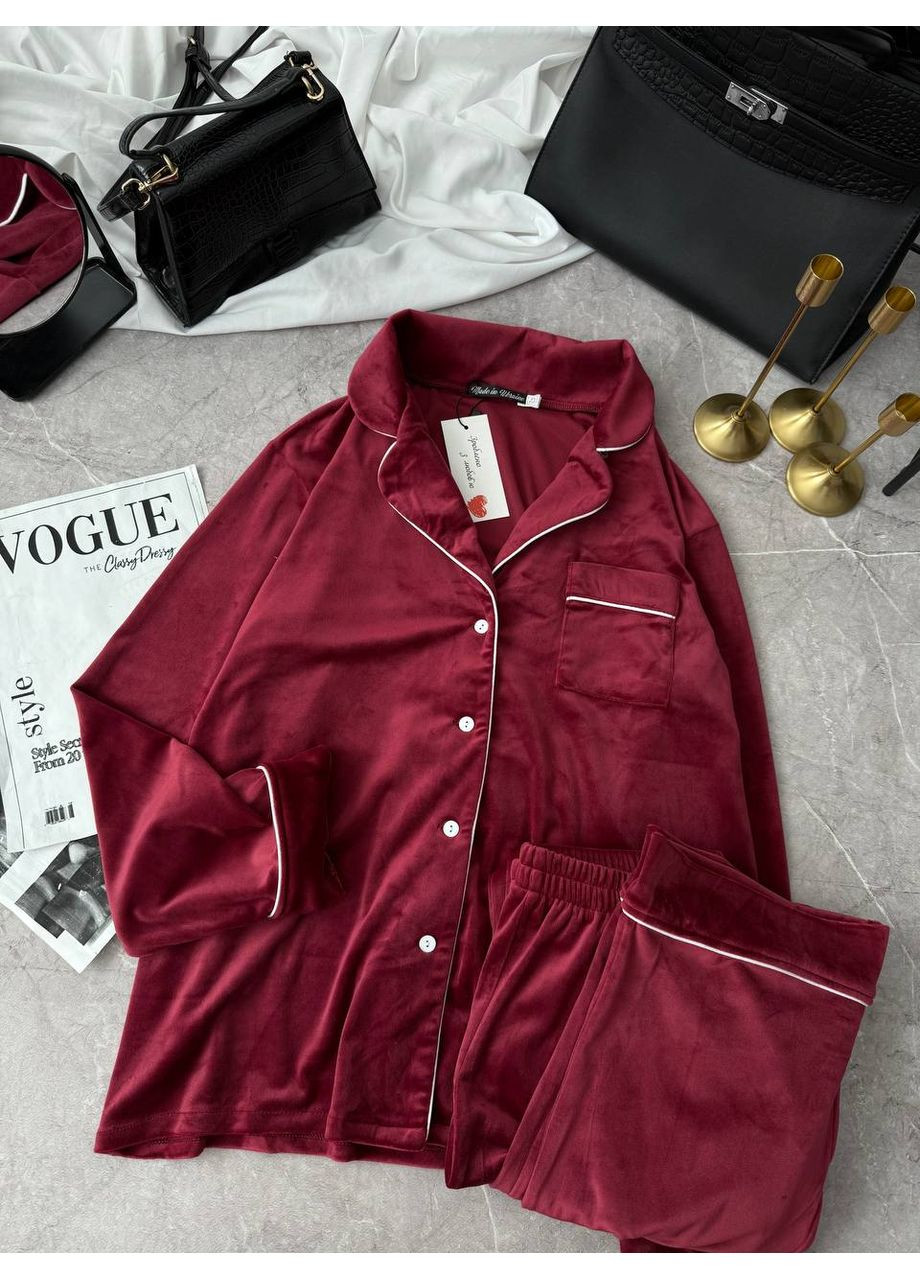 Бордовая всесезон пижама из королевского велюра с пуговицами - замеры в описании рубашка + брюки GD/GL Модний простір