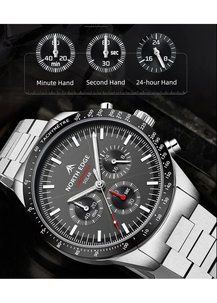 Наручные часы мужские с солнечной батареей Long Wings Серебристый (3398) North Edge (387619820)