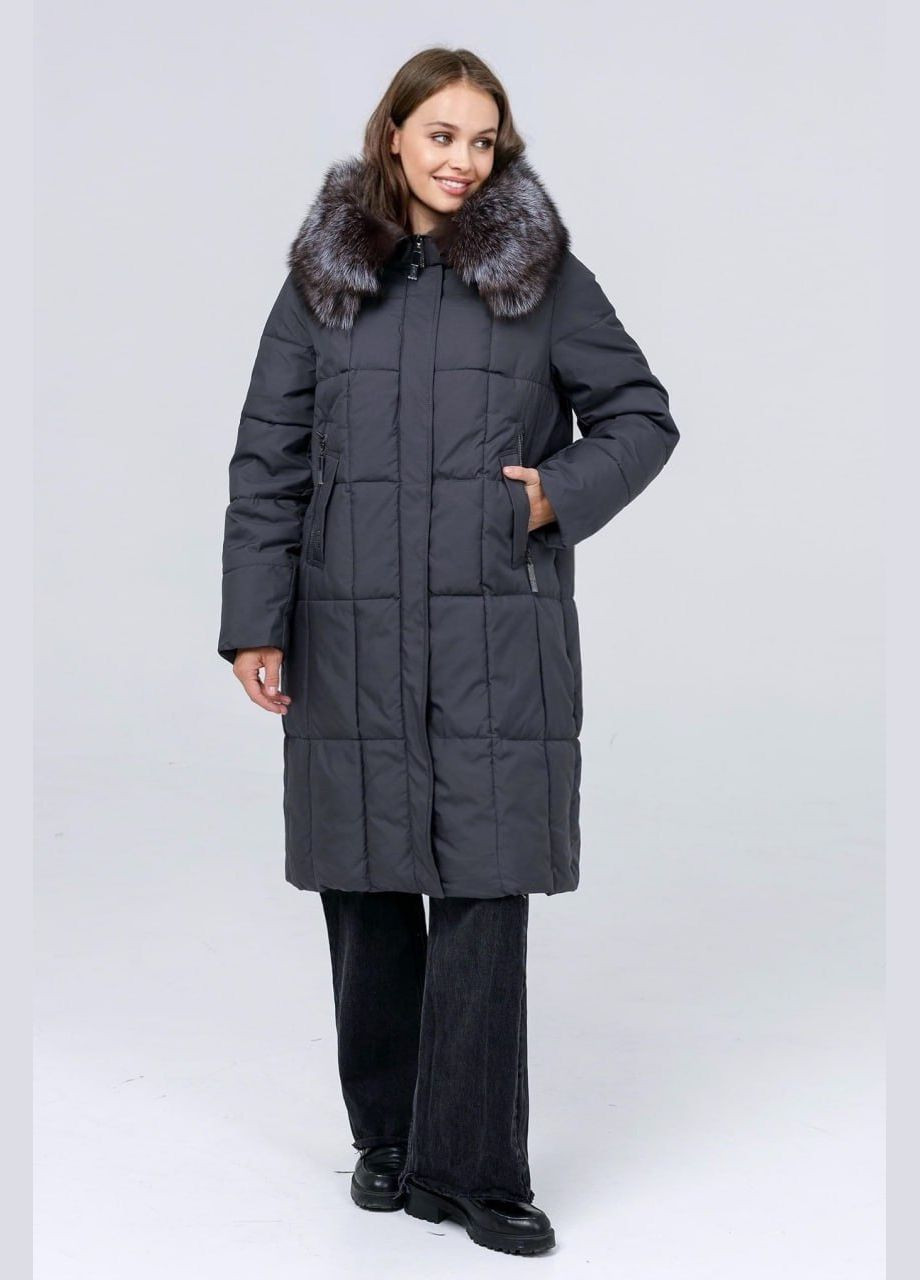 Темно-серая зимняя пуховик с натуральным мехом Lora