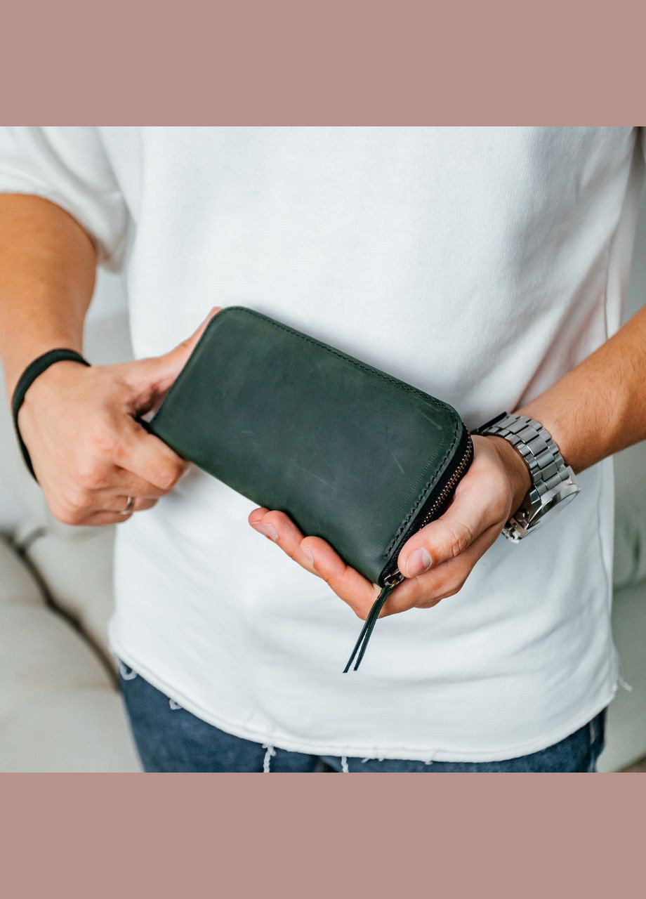 Мужской кожаный кошелек, вместительный кошелек с отделениями на молнии, Crazy Horse, зеленый No Brand (362177412)