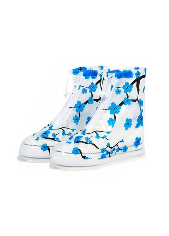 Белые резиновые бахилы sb-102 синяя сакура размер m на обувь от дождя 26 см защита от грязи 1шт Lesko