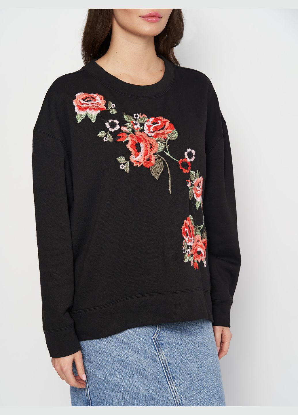 Свитшот с вышивкой H&M - крой цветочный черный повседневный - (279182205)