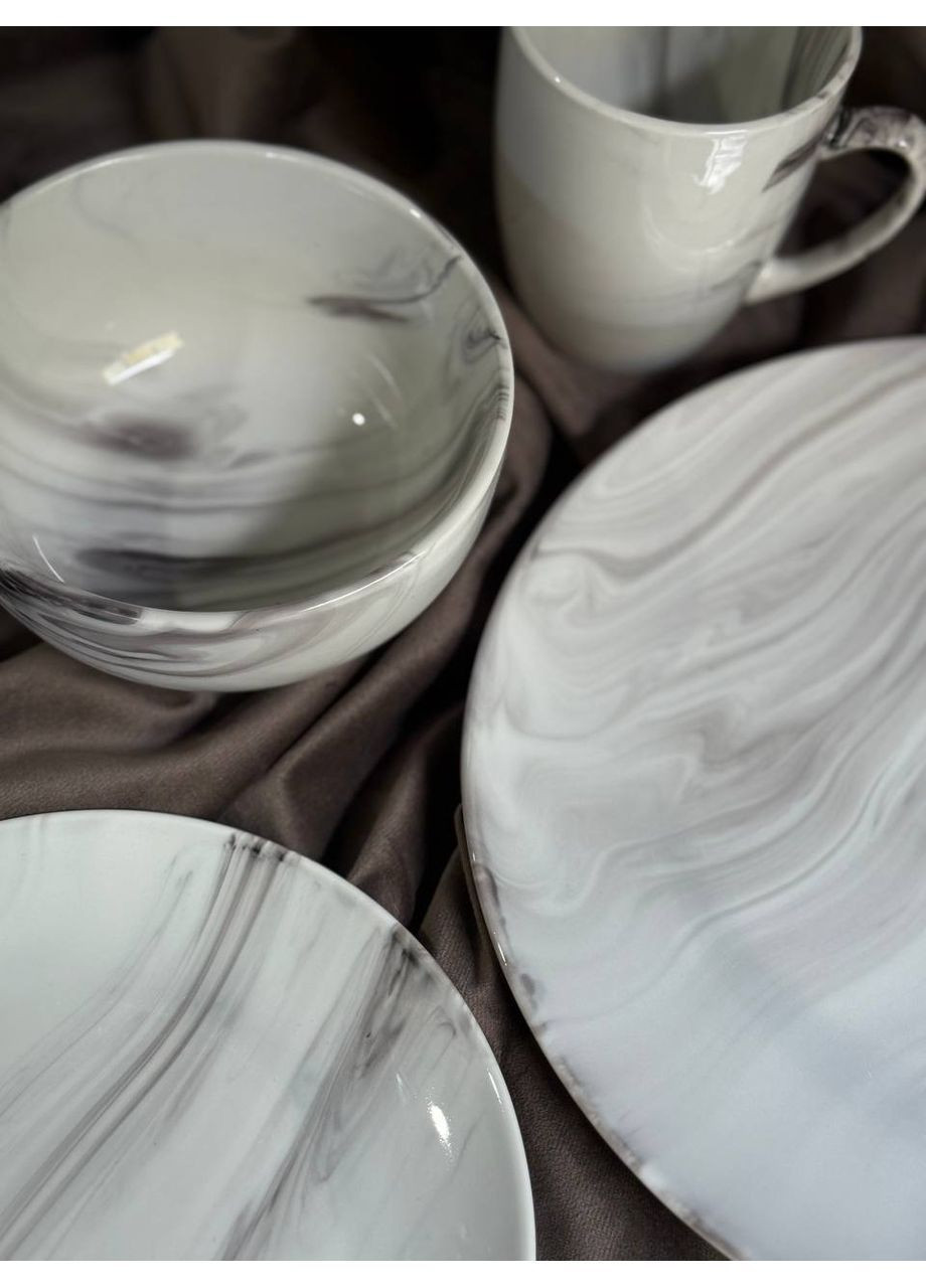 Столовий сервіз Marmor з порцеляни 24 предмети на 6 персон Білий з сірим MD-24-2G Yiwu (366424486)