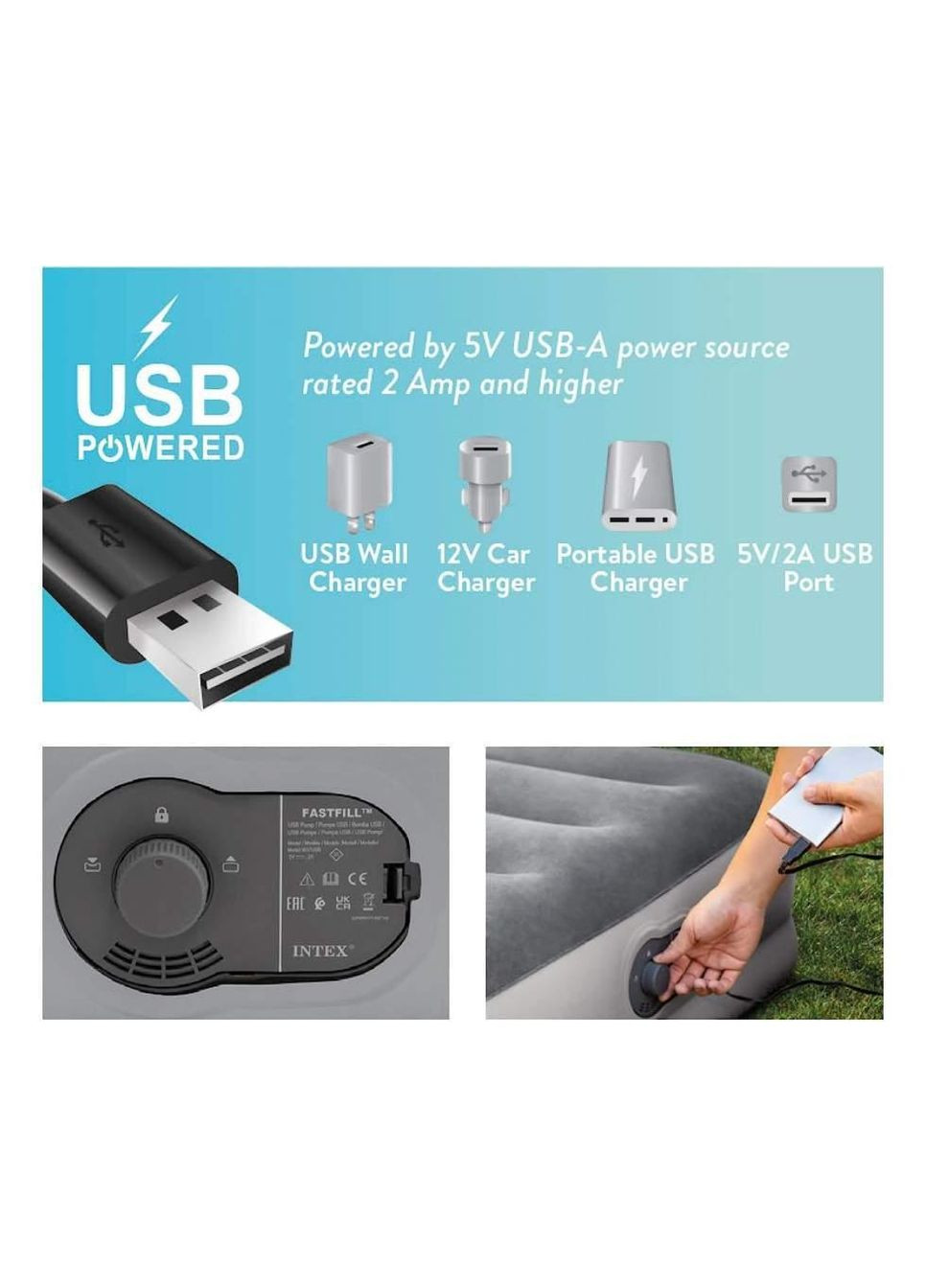 Надувний матрац 203 x 152 x 36 см 64159 із внутрішнім насосом від USB 5В 2A MID-RISE COMFORT Intex (344559393)