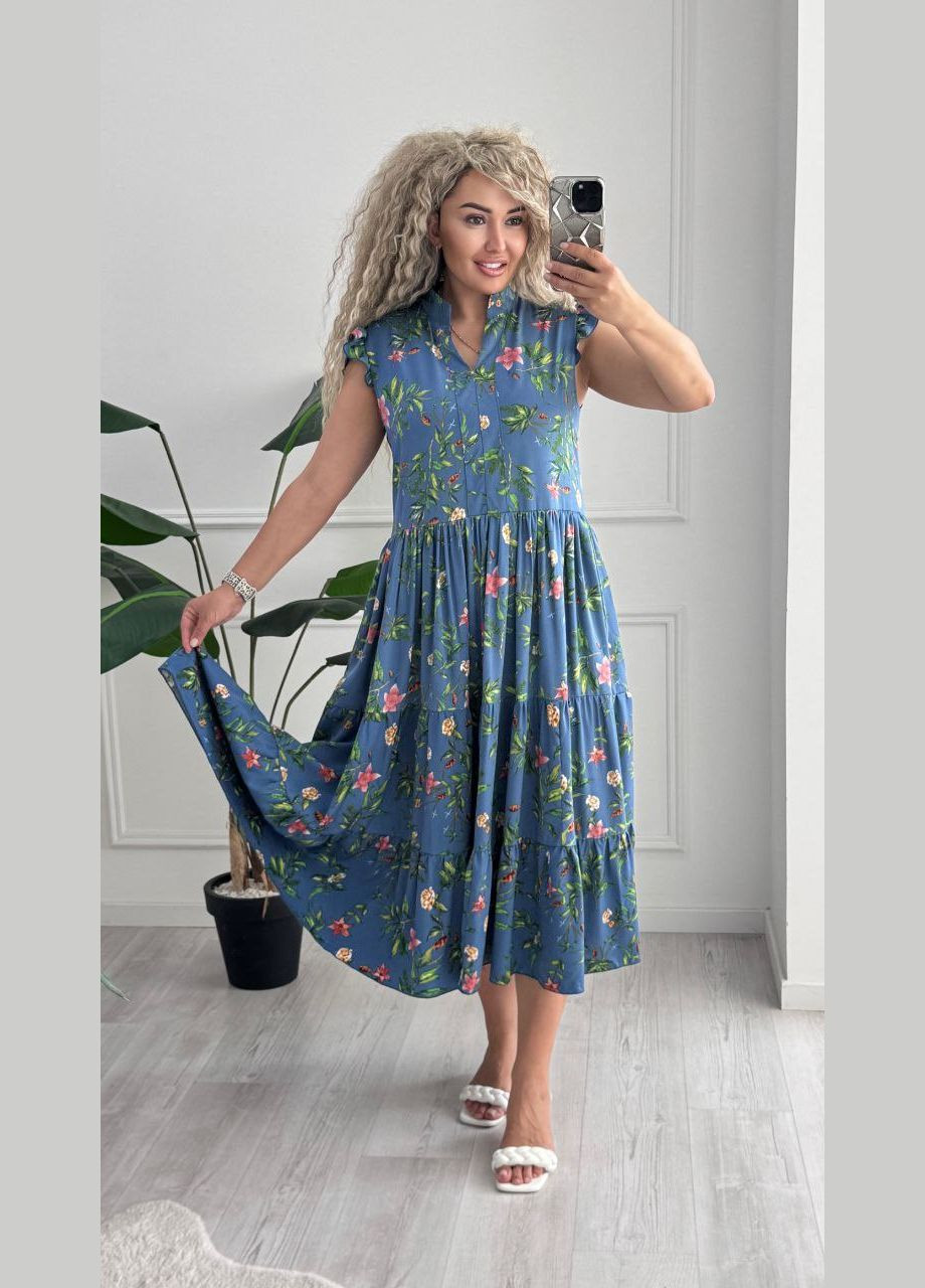 Синее повседневный, кэжуал женское платье Україна с цветочным принтом