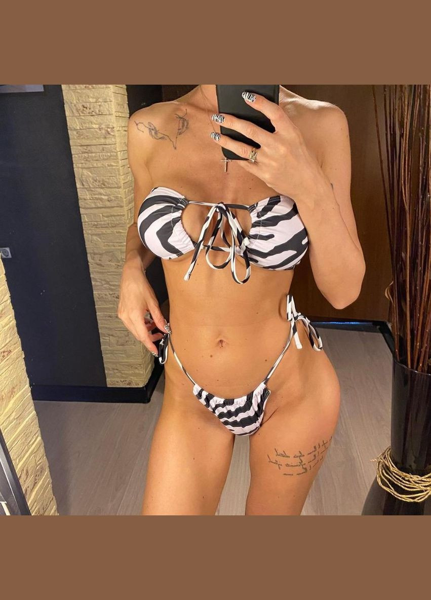 Коричневый летний раздельный купальник бандо с накидкой зебра s m (44 46) коричневый Po Fanu