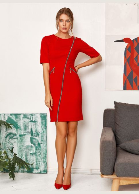 Красное деловое, кэжуал, вечернее трикотажное платье с диагональной молнией No Brand однотонное