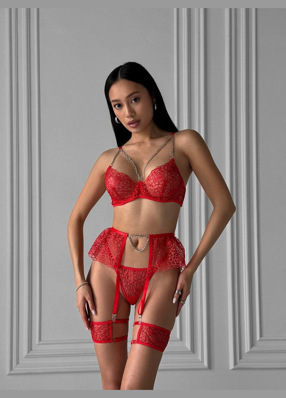 Червоний комплект жіночої білизни з поясом і гартерами Simply sexy