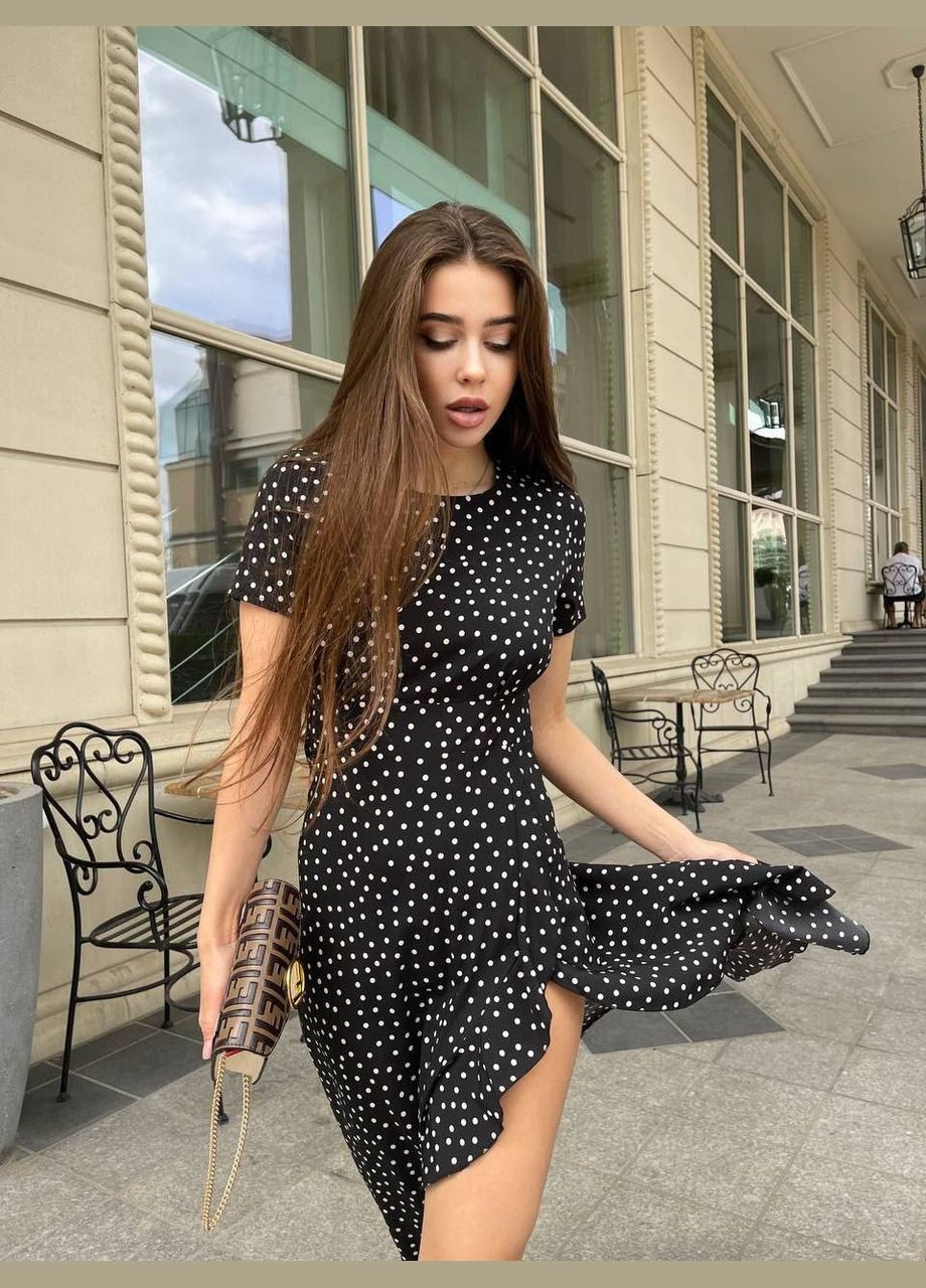 Чорна святковий, повсякденний, кежуал, вечірня легка витончена сукня з розрізом по ніжці Vakko в горошок