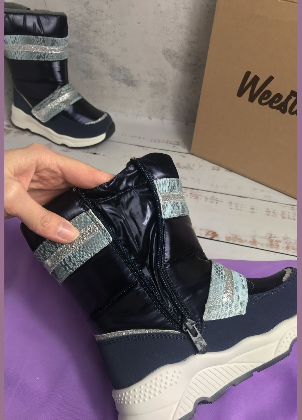 Темно-синие сапоги детские дутики на девочку темно-синий (428) Weestep на молнии