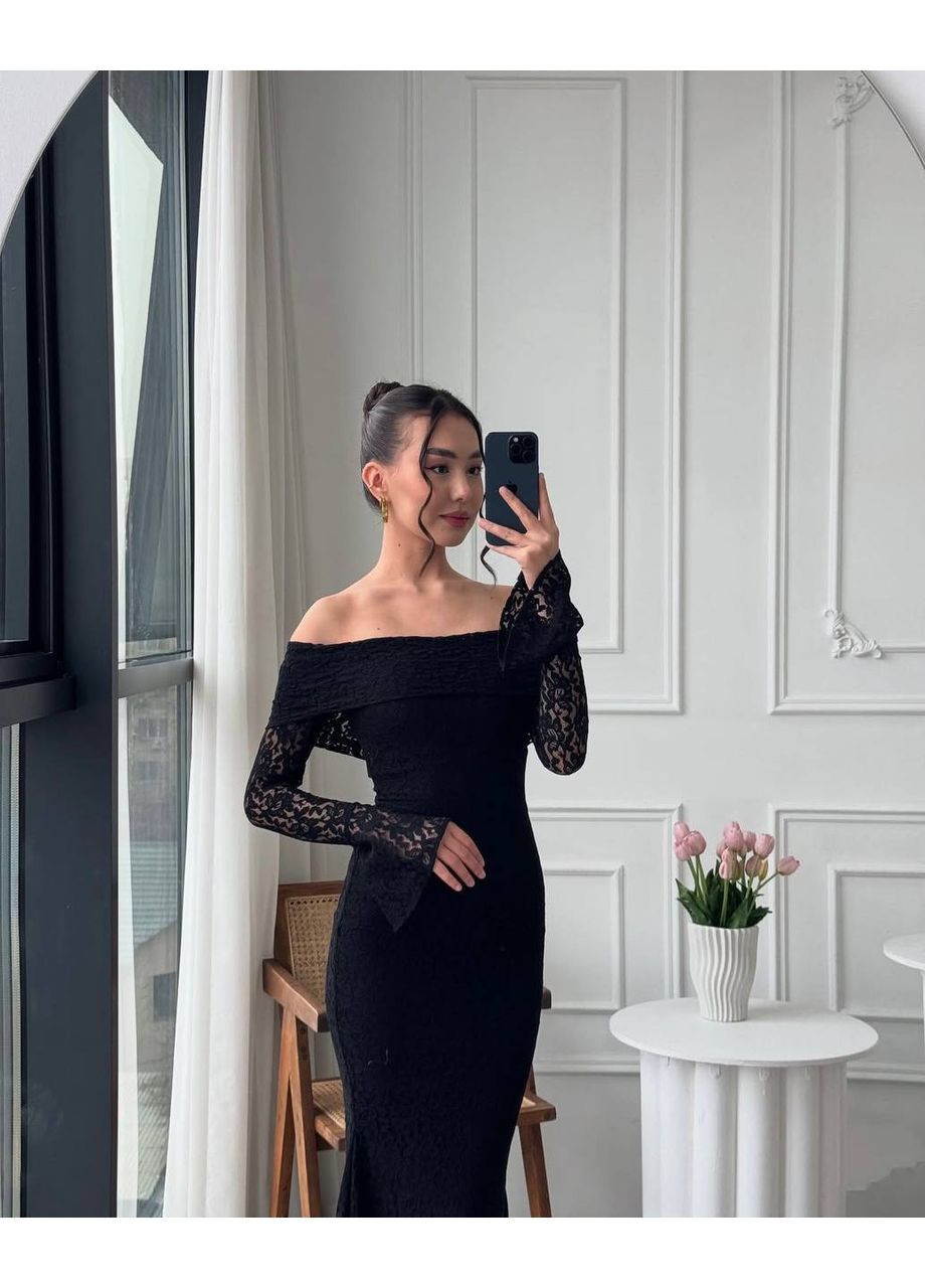 Чорна святковий мереживна сукня максі зі спущеними плечима No Brand