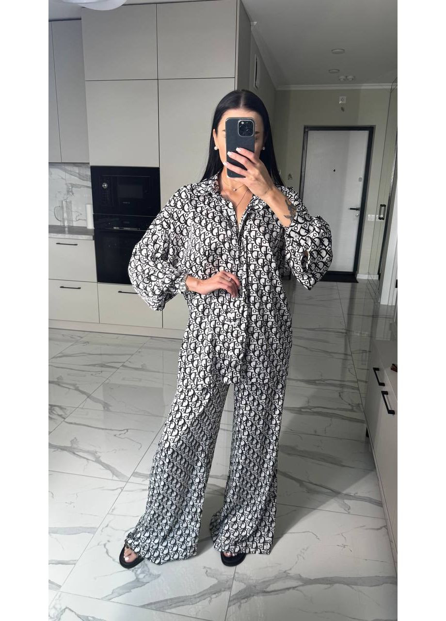 Женский шелковый костюм с принтом: рубашка + штаны палаццо + платок Україна (354693263)