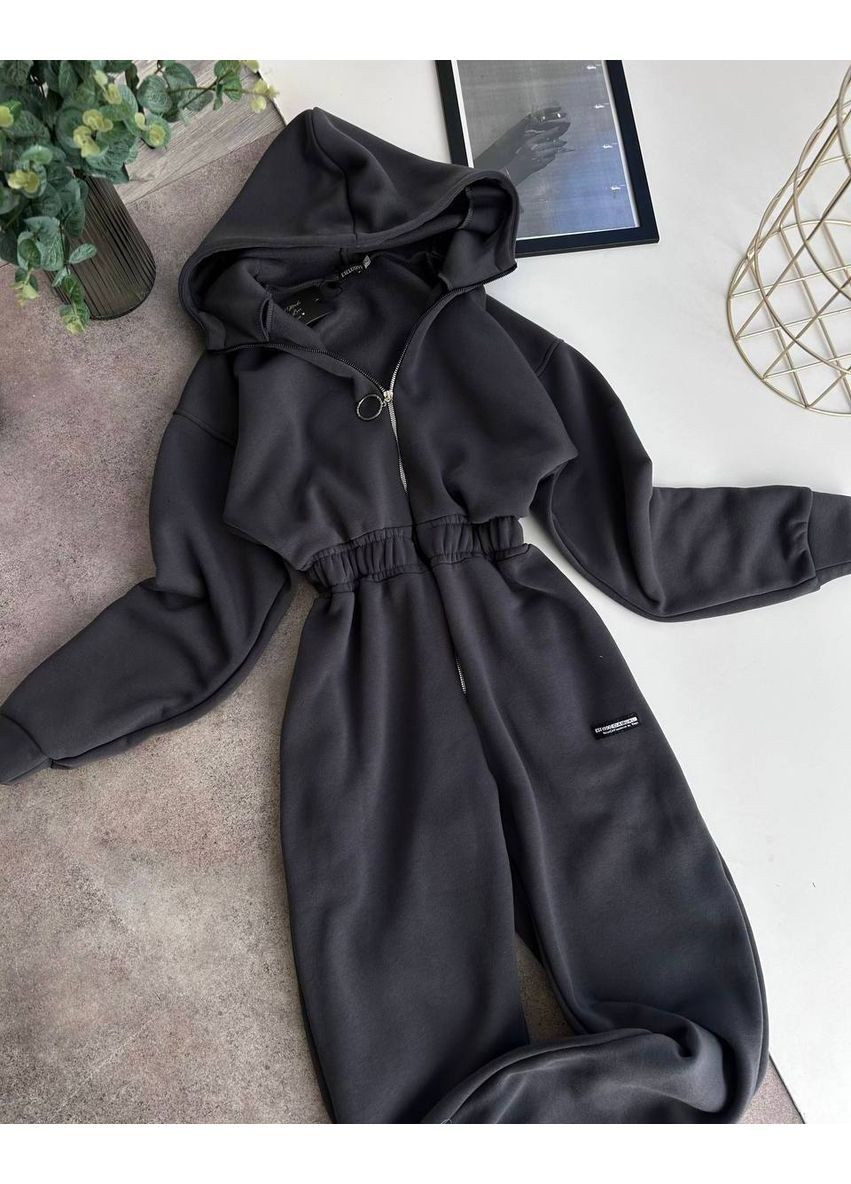 Жіночий комбінезон із довгим рукавом та капюшоном No Brand комбінезон-брюки однотонний графітовий кежуал тринитка з начосом