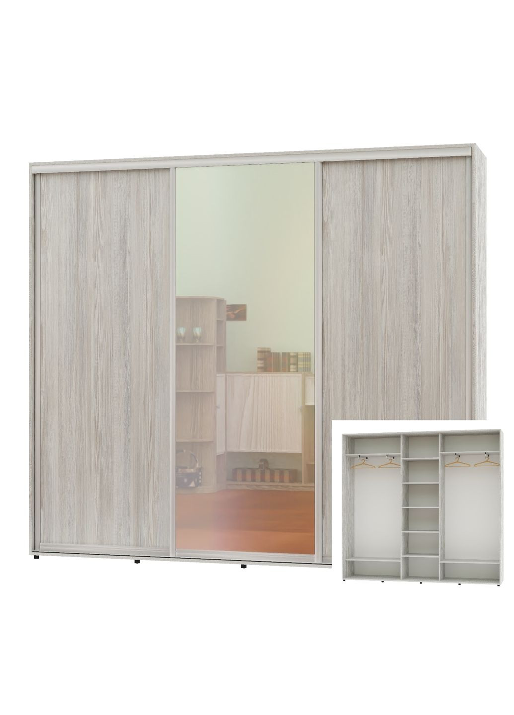 Шафа-купе тридверна 260*45*250 см Сосна натті 3 двері ДСП + Дзеркало + ДСП ШК-04 Алекса (360475291)