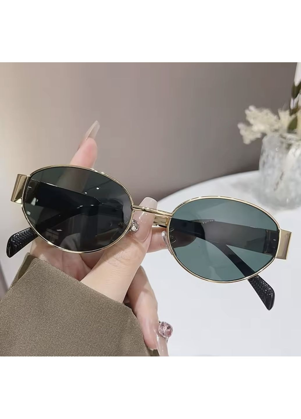 Окуляри жіночі сонцезахисні форма овал колір сіро-зелений у золотистій оправі LIGHT (349499389)