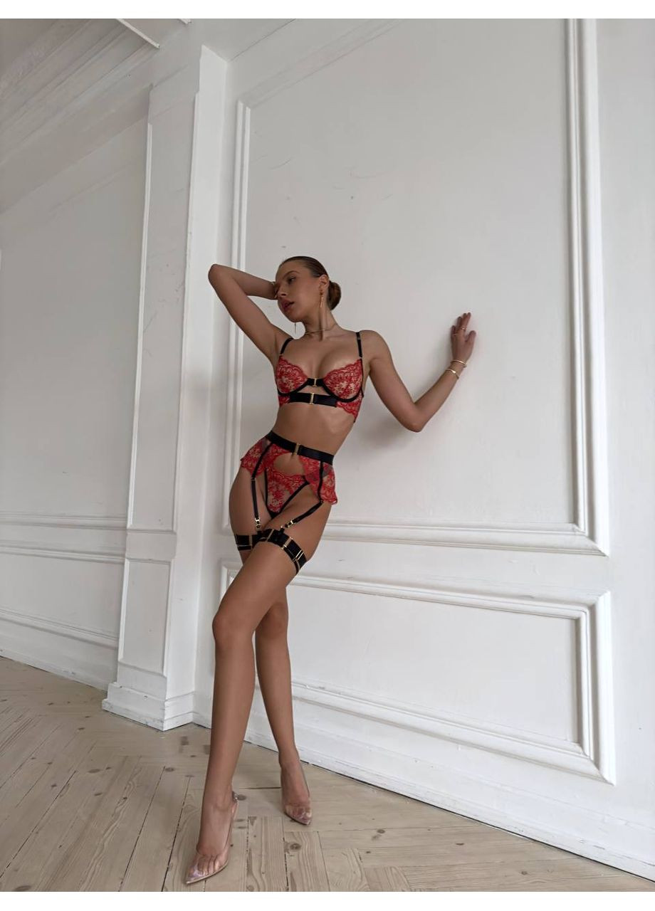 Чёрный балконет комплект женского белья | кружевной эротический с поясом и гартером, черный. Vital-Textile с косточками полиэстер, эластан