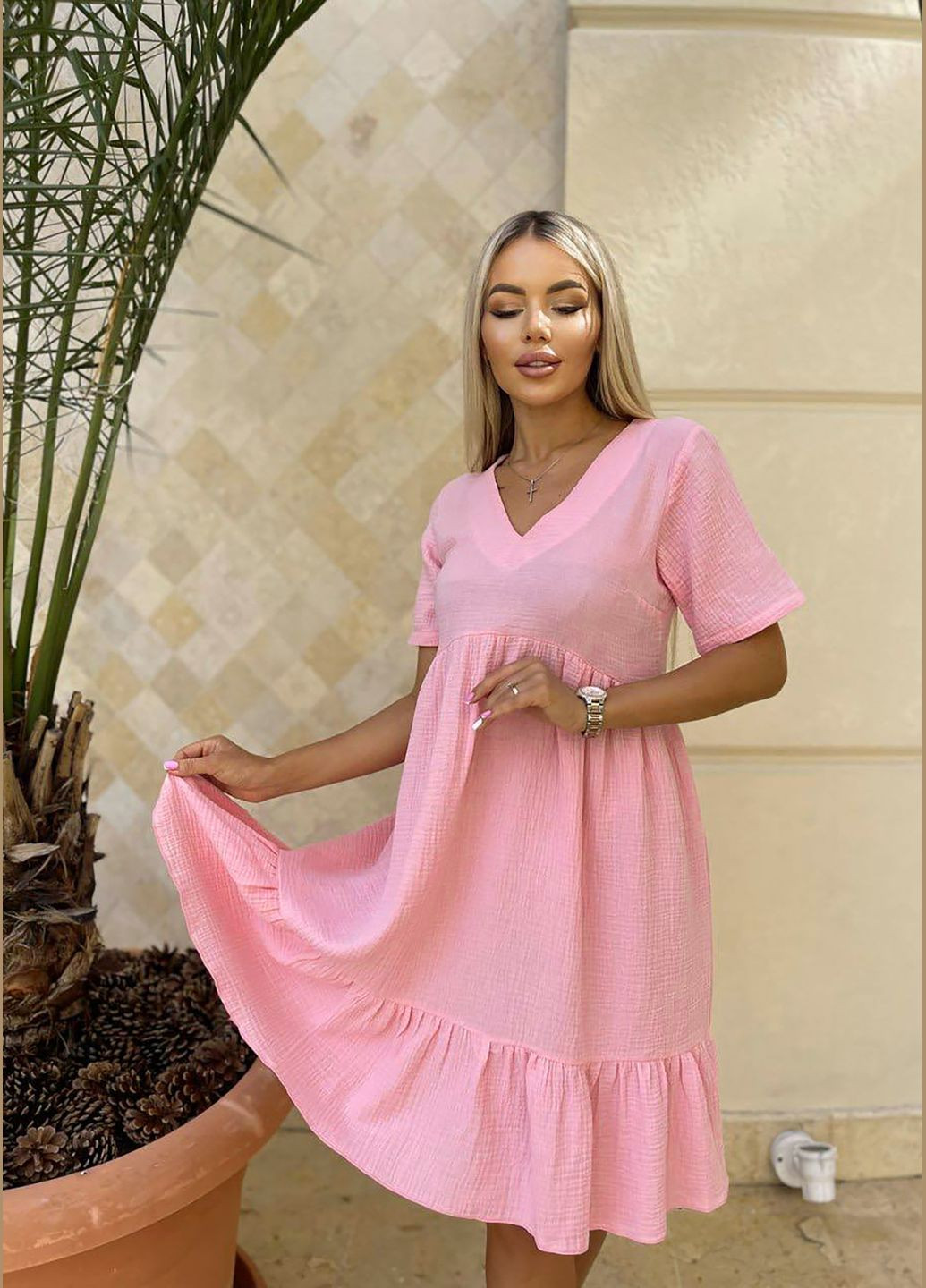 Рожева коктейльна, повсякденний, джинсова, вечірня, кежуал сукня з жатки «сонячна ніжність» INNOE однотонна