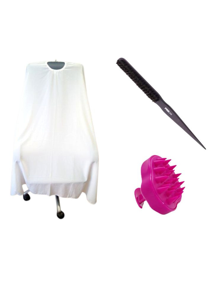 Набір "Об'єм та Догляд" 3 в 1: 3-рядна щітка для начісу, Пеньюар мікрофібра білий та Щітка для шампуню рожева Proline (363028606)