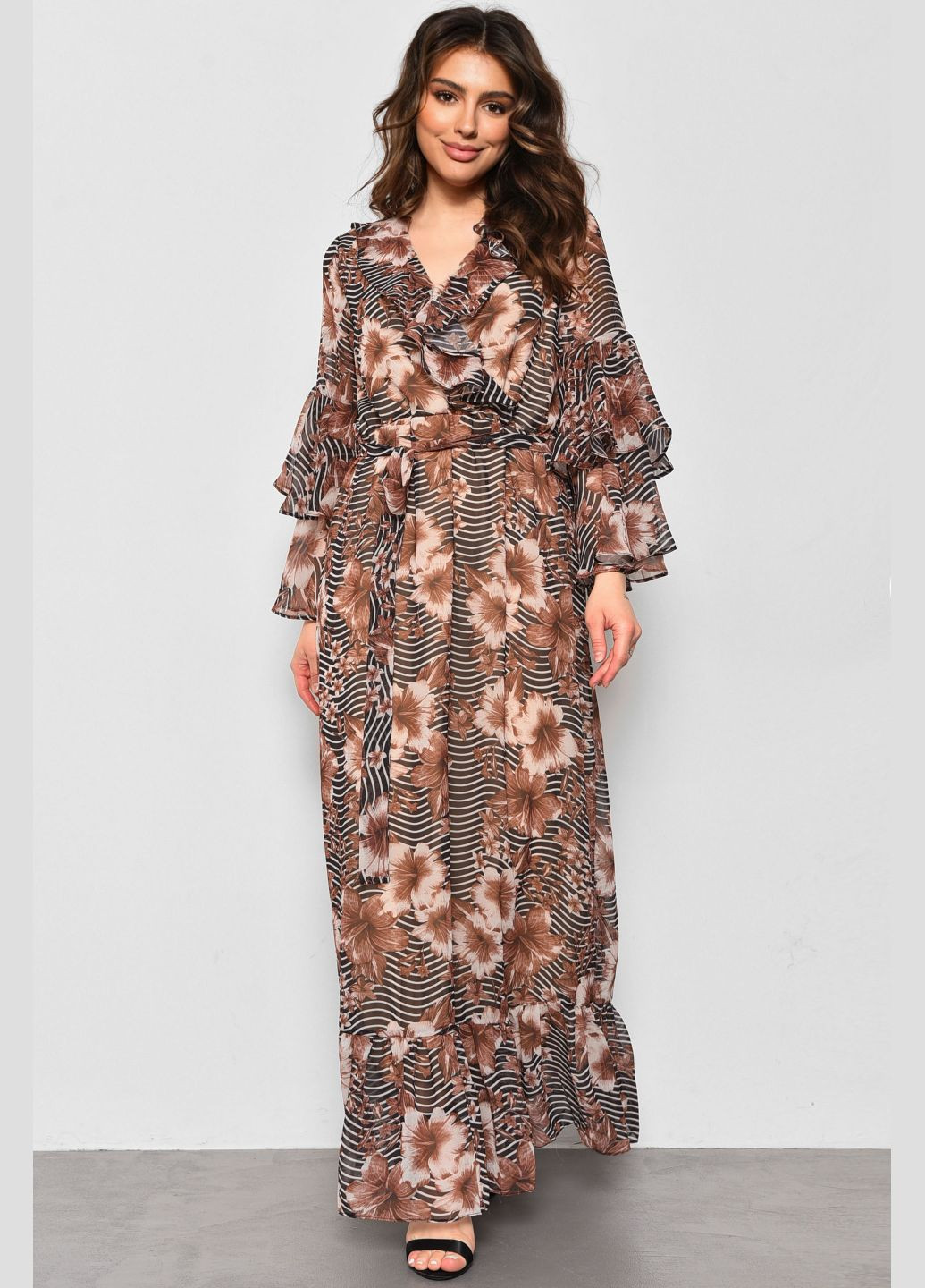 Коричневое кэжуал платье женское шифоновое коричневого цвета с принтом баллон Let's Shop с цветочным принтом