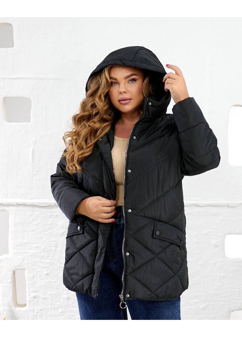Чорна зимня жіноча тепла стьобана куртка з капюшоном No Brand