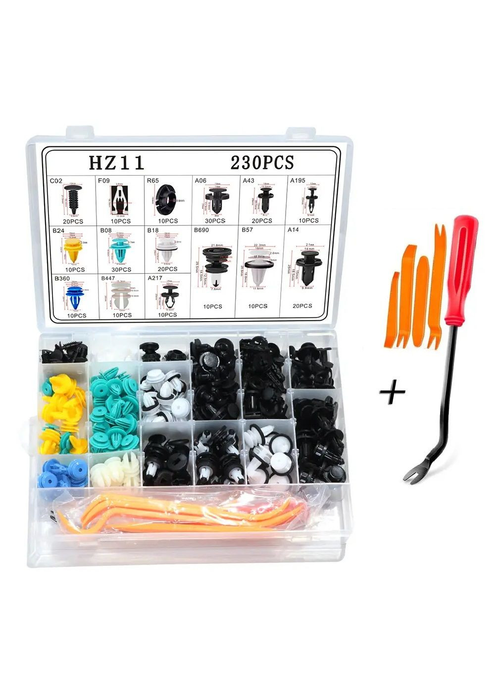 Набір комплект автомобільних кліпс 15 видів для кріплення деталей на Tesla в органайзері 230 штук (479602-Prob) Unbranded (322443956)
