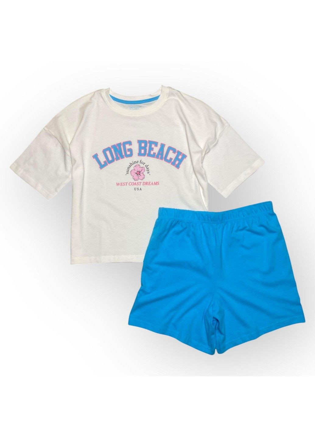 Синій костюм комплект футболка+шорти дитячий літній бавовняний на дівчинку аплікація long beach, білий, синій Primark