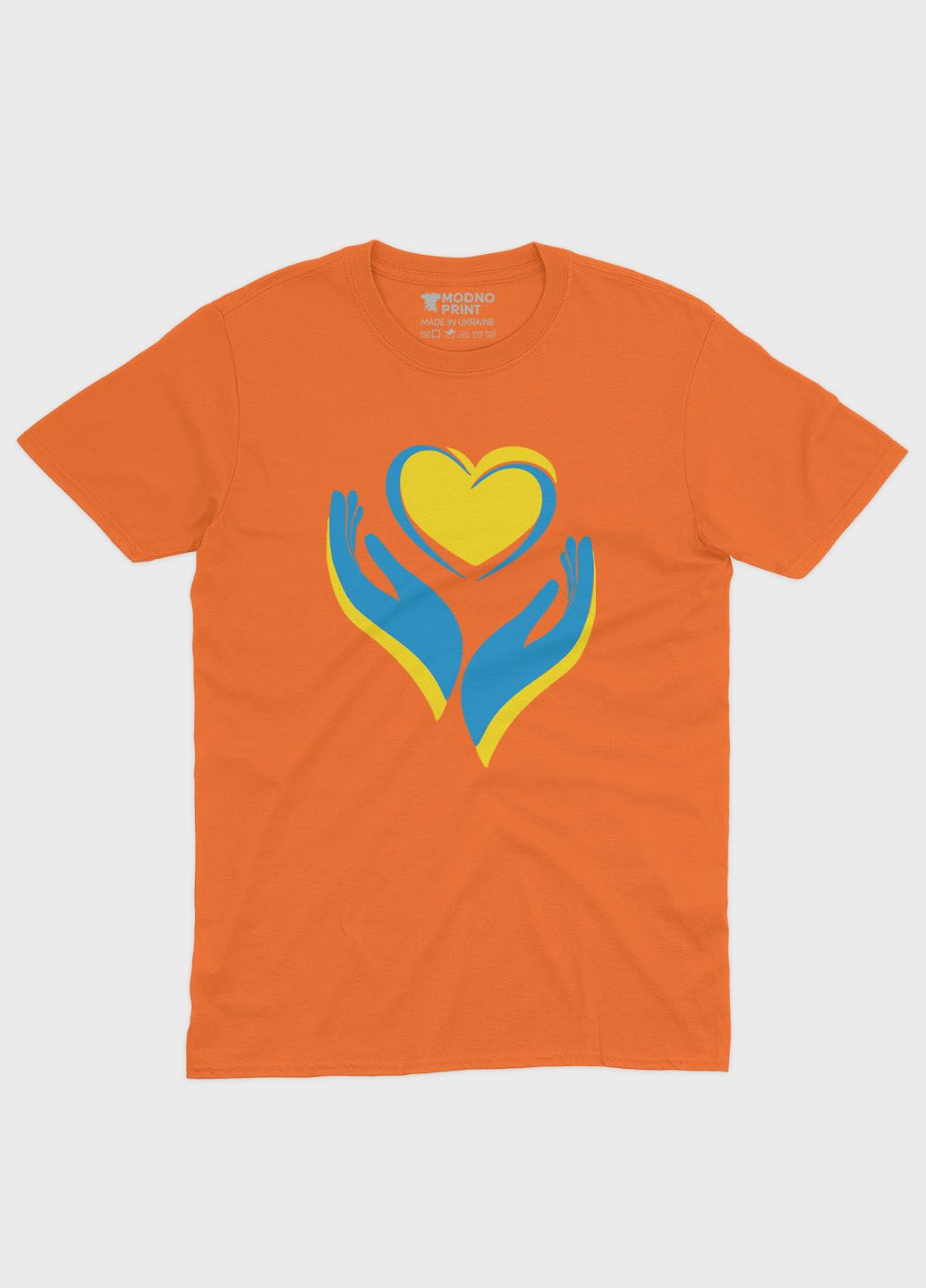 Оранжевая мужская футболка с патриотическим принтом сердце и лодони (ts001-2-ora-005-1-029) Modno