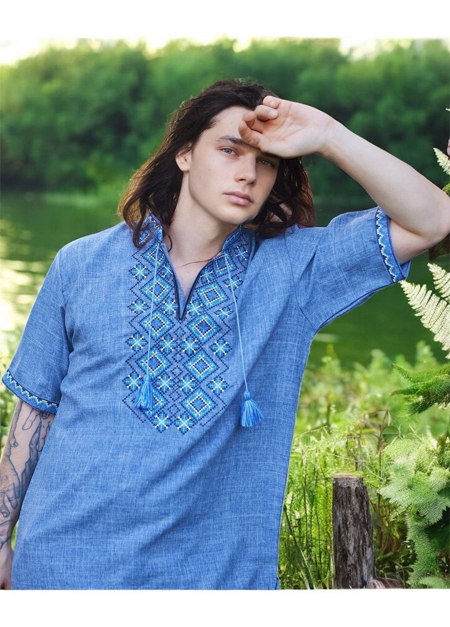 Синяя рубашка с вышивкой в джинсовом стиле с коротким рукавом узор геометрический прямой, свободная габардин (354307037)