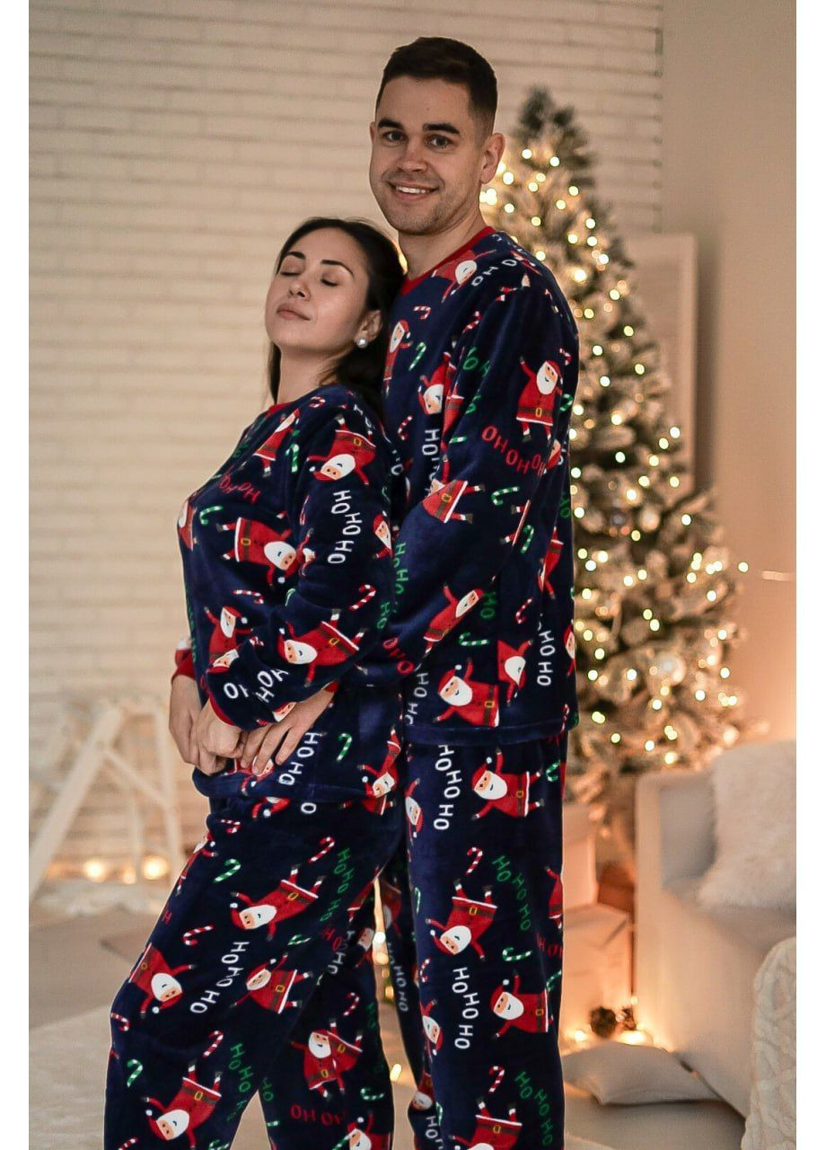 Темно-синя зимня парні комплекти santa чоловіча та жіноча піжама family look лонгслів + брюки Cosy