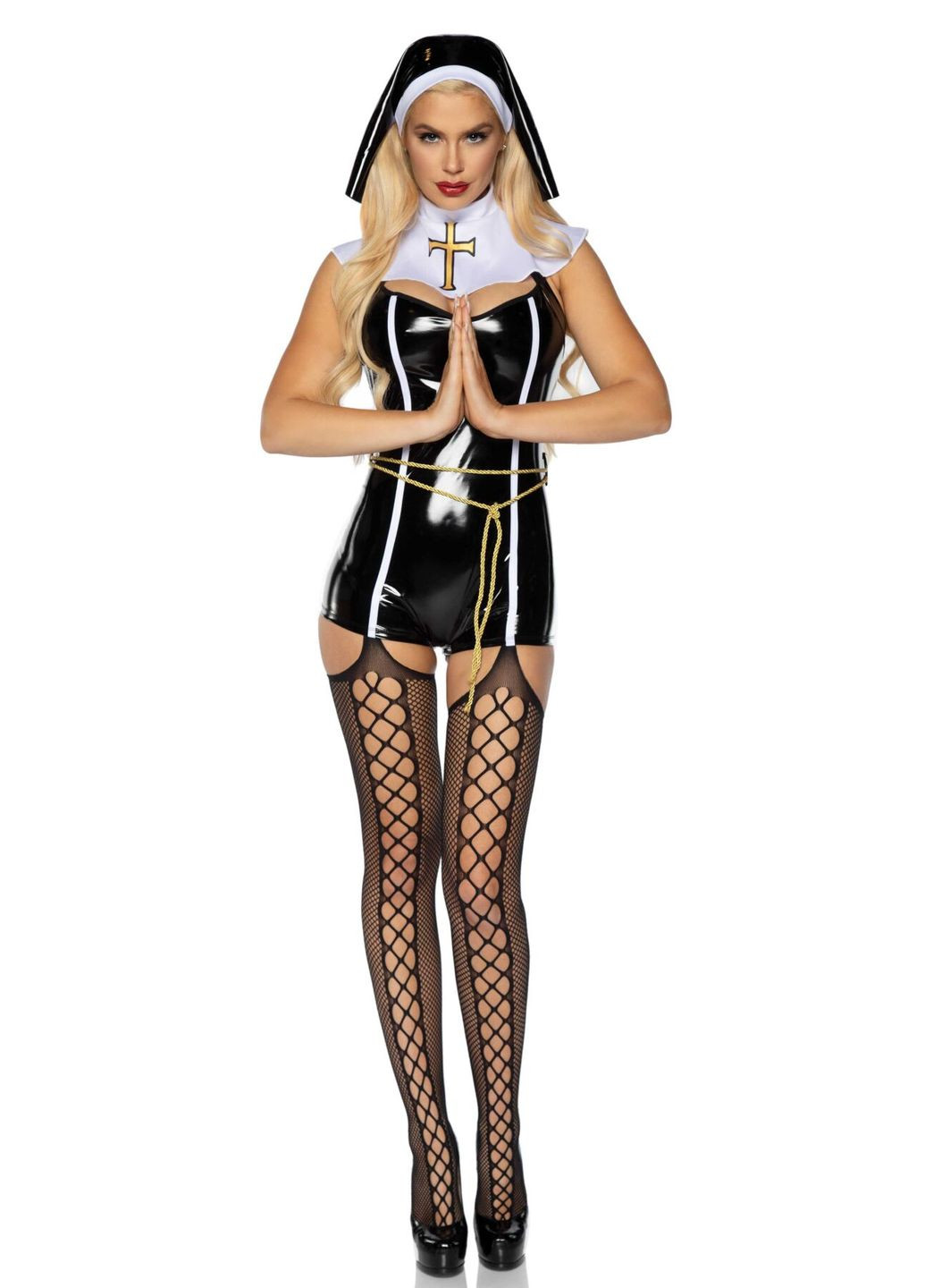 Виниловый костюм монахини Sinful Sister, комбинезон, воротник, пояс, головной убор - CherryLove Leg Avenue (282959035)