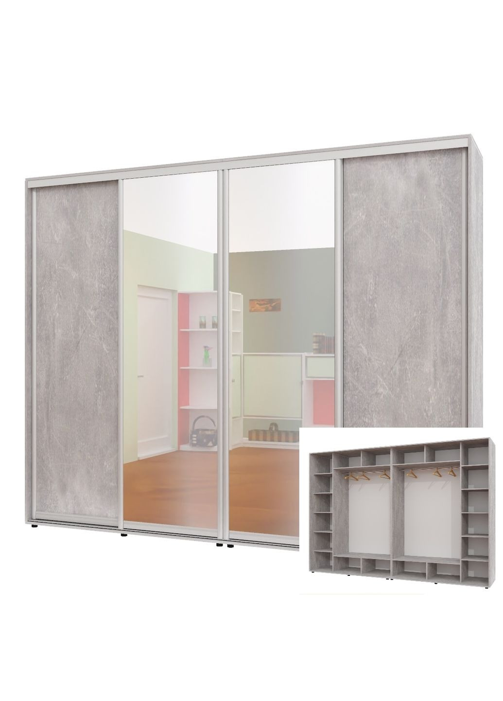 Шафа-купе чотиридверна 300*60*220 см Індастріал 4 двері ДСП + Дзеркало + Дзеркало + ДСП ШК-02 Алекса (360450802)