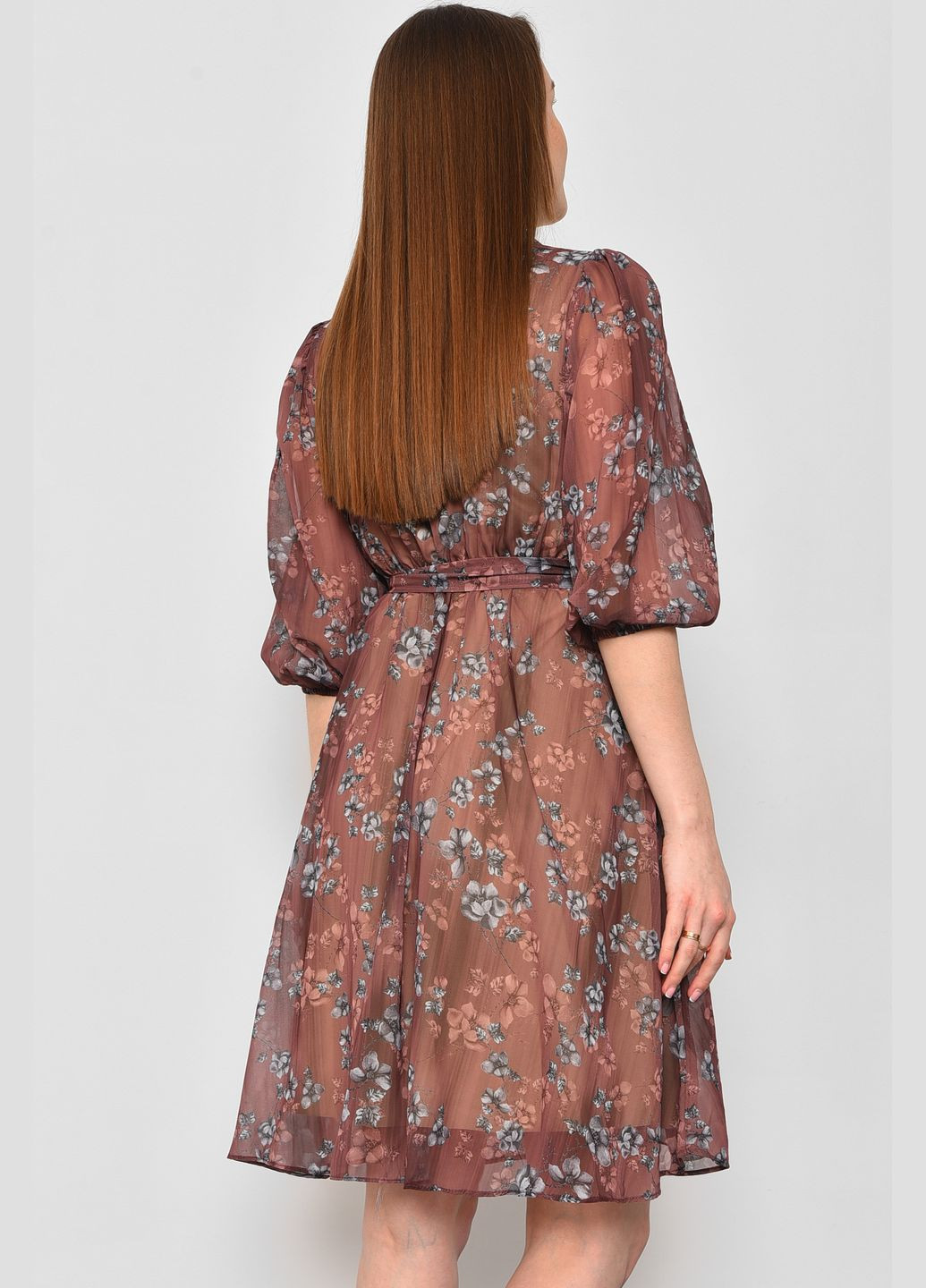 Коричневое кэжуал платье женское шифоновое коричневого цвета с цветочным принтом баллон Let's Shop с цветочным принтом