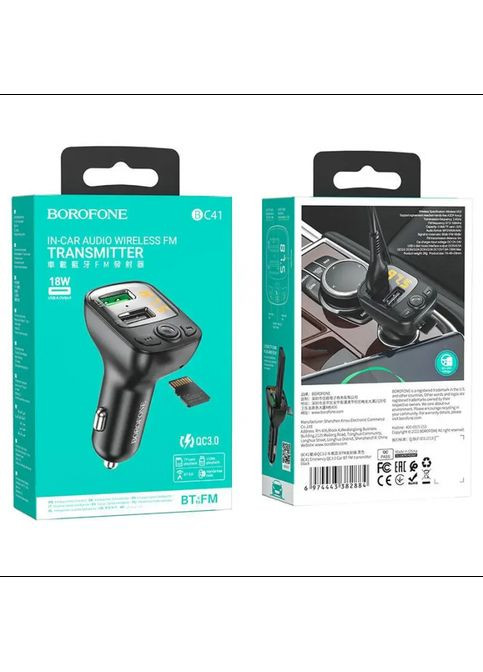 Автомобільний FM-мобільний модульатор Borofone BC41 Eminency трансмітер PD18W/QC3.0 з Bluetooth V5.0 зі швидким заряджанням PD (323486580)