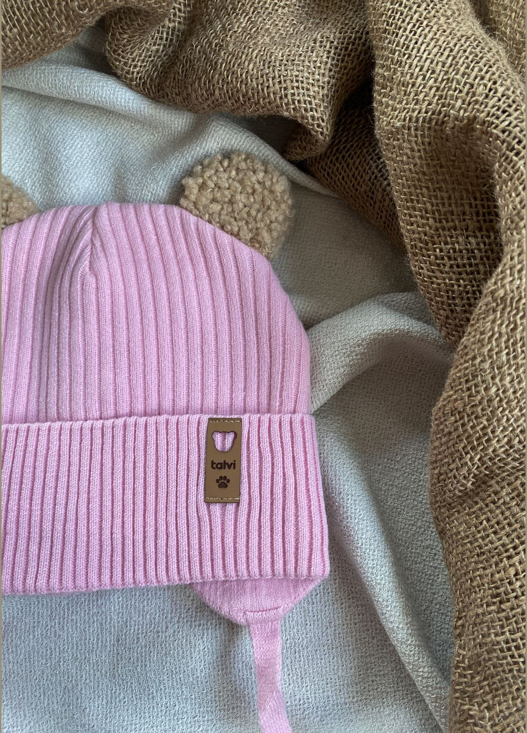 Дитяча шапка на завязках із милими вушками ведмедика для дітей на весну-осінь Talvi Барні (321963792)