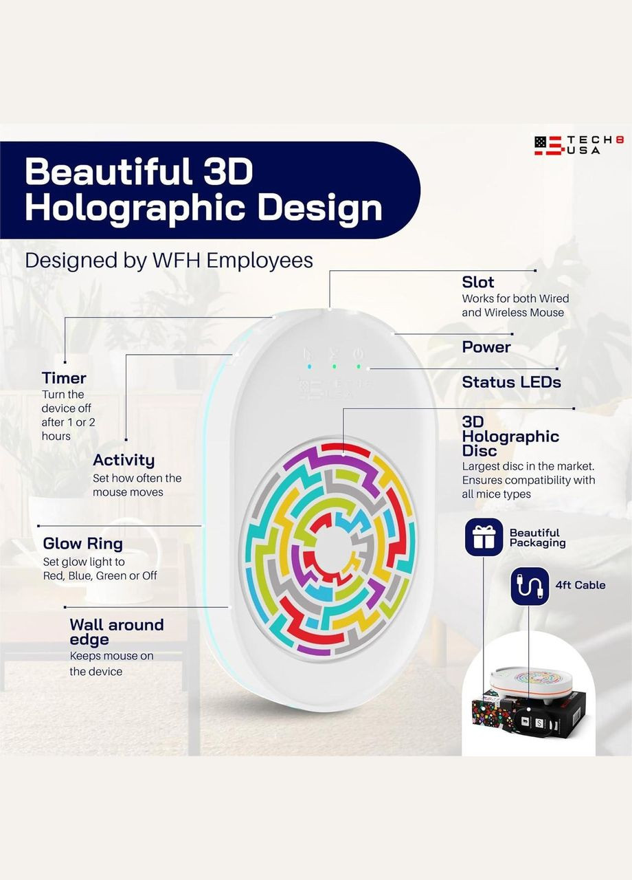 Вигглер кликер шейкер симулятор для мыши TECH8 USA Undetectable Mouse Mover, Mouse Jiggler, 3D Hologram Design "Glass" Microsoft (315696444)