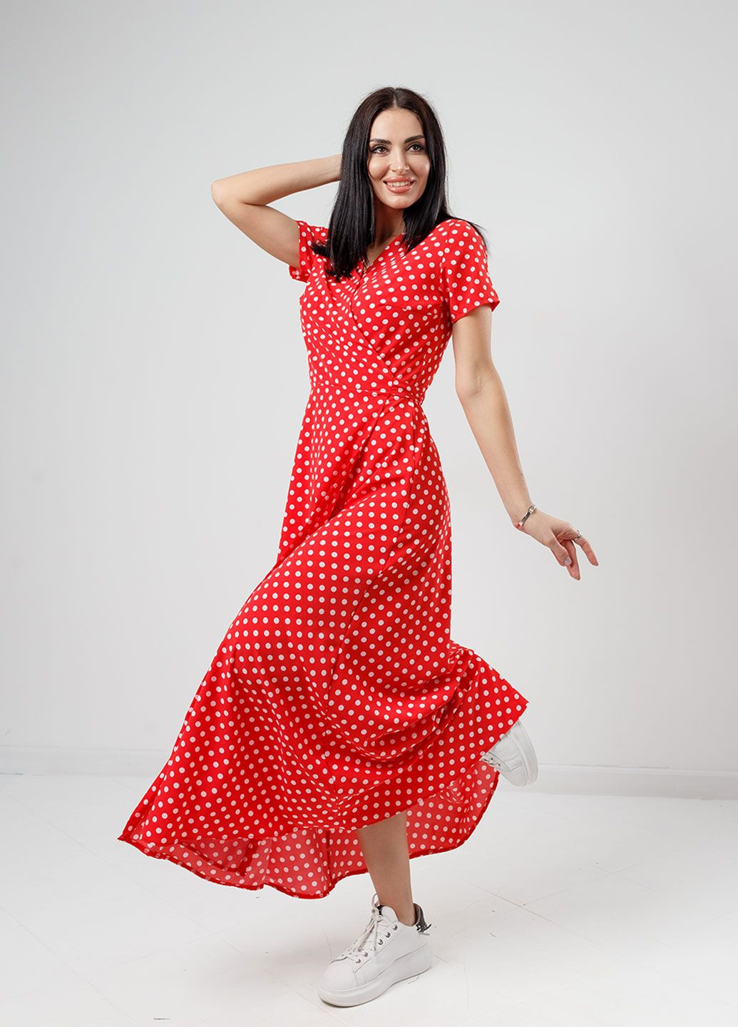 Красное повседневный, кэжуал, коктейльное летнее платье в пол на запах Fashion Girl в горошек