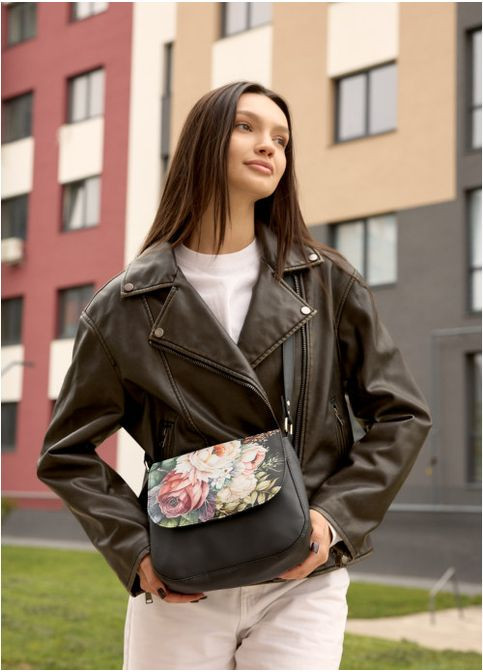 Жіноча сумка кросбоді через плече з екошкіри Чорна з квітковим принтом (938024720) Sambag (360965572)