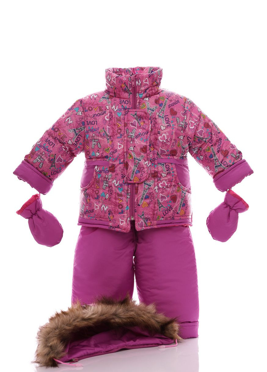 Рожевий зимній комбінезон на синтепоні для дівчинки з принтом сердечек нуль підстібка рожеве коричневе хутро 86 см (50726) BABYKROHA