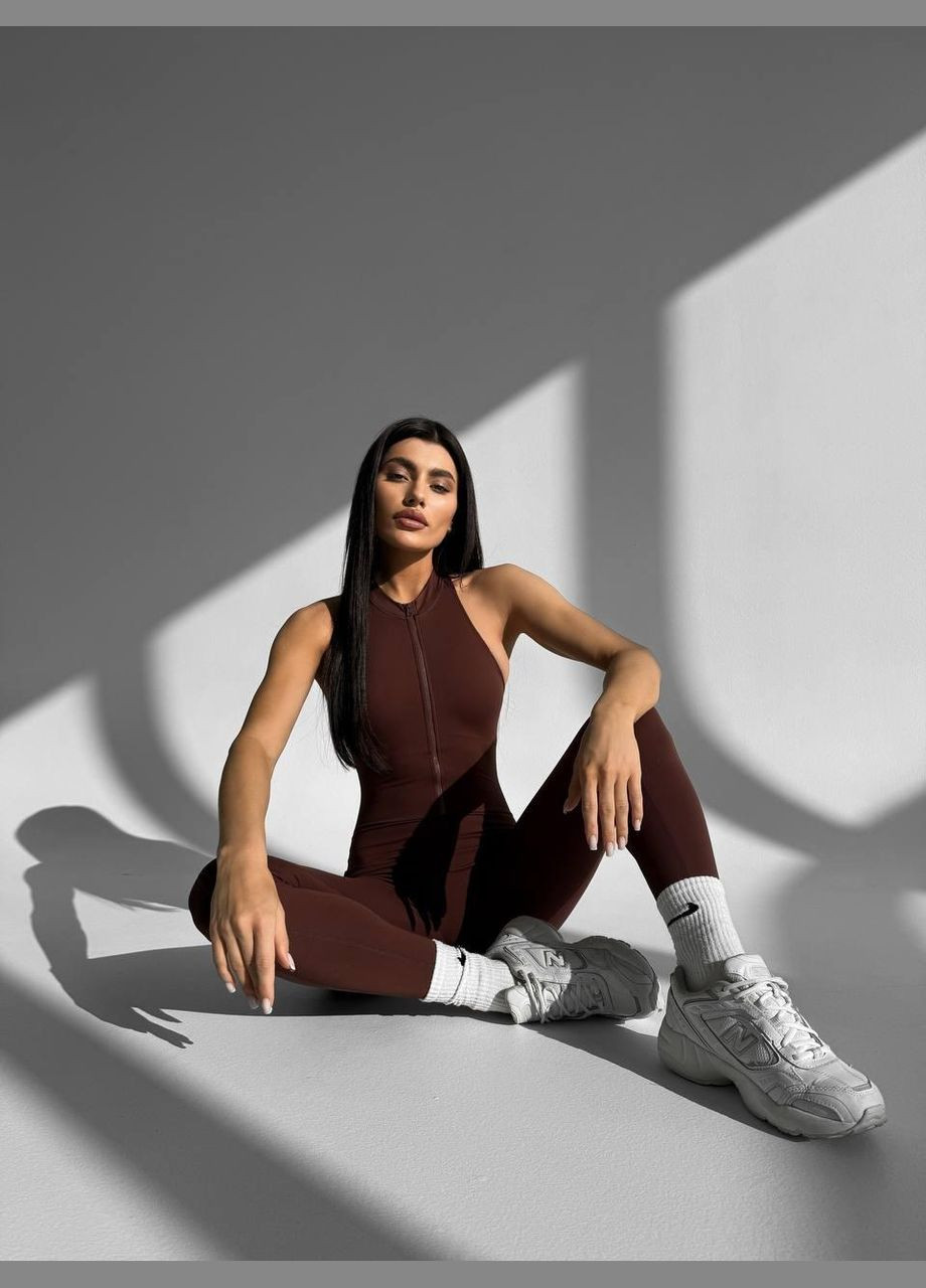 Спортивный комбинезон (длинный) с чашками и пуш-ап шоколадного цвета, размер S Trends комбинезон-брюки однотонный коричневый спортивный