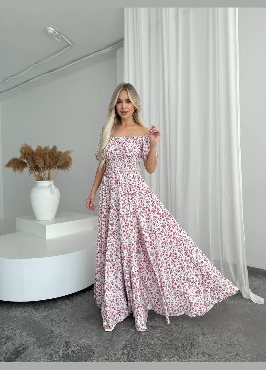 Світло-рожева повсякденний, вечірня, кежуал жіноча сукня з відкритими плечима Style Point з квітковим принтом