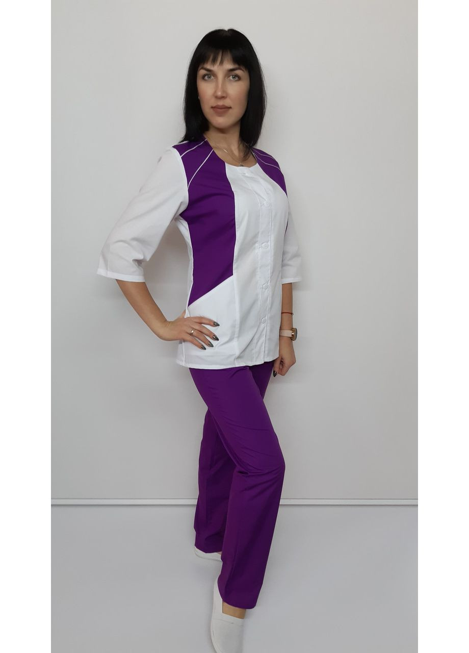 Жіночий медичний костюм Ліка котон три чверті рукав 56, Білий фіолетові штани No Brand (361359918)