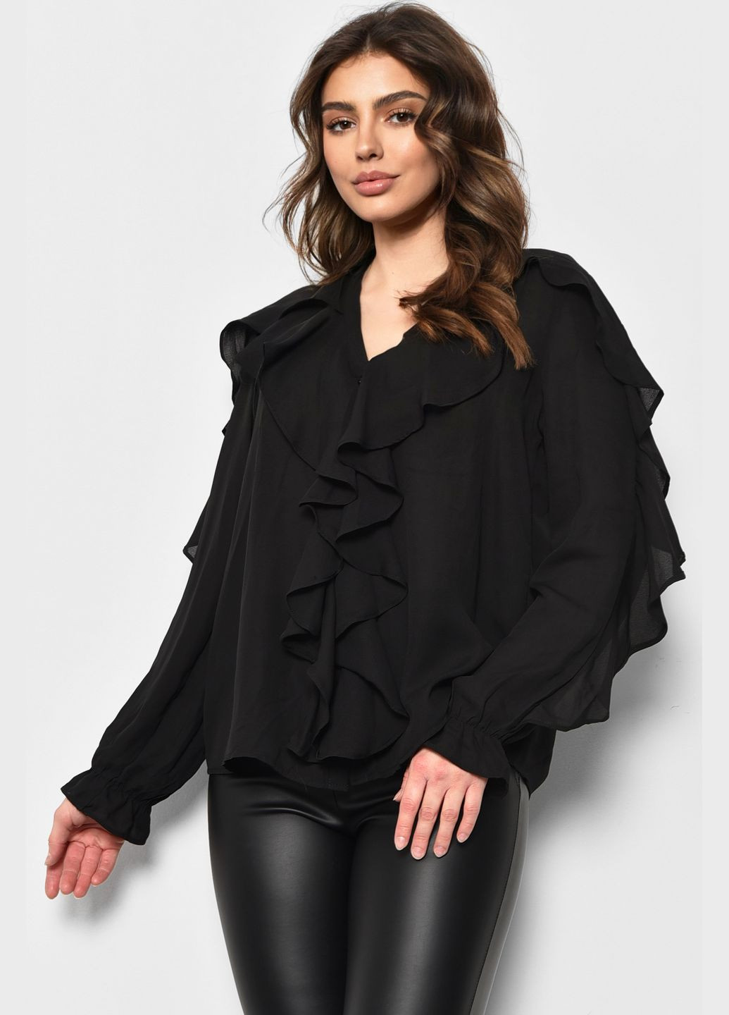 Черная демисезонная блуза женская черного цвета с баской Let's Shop