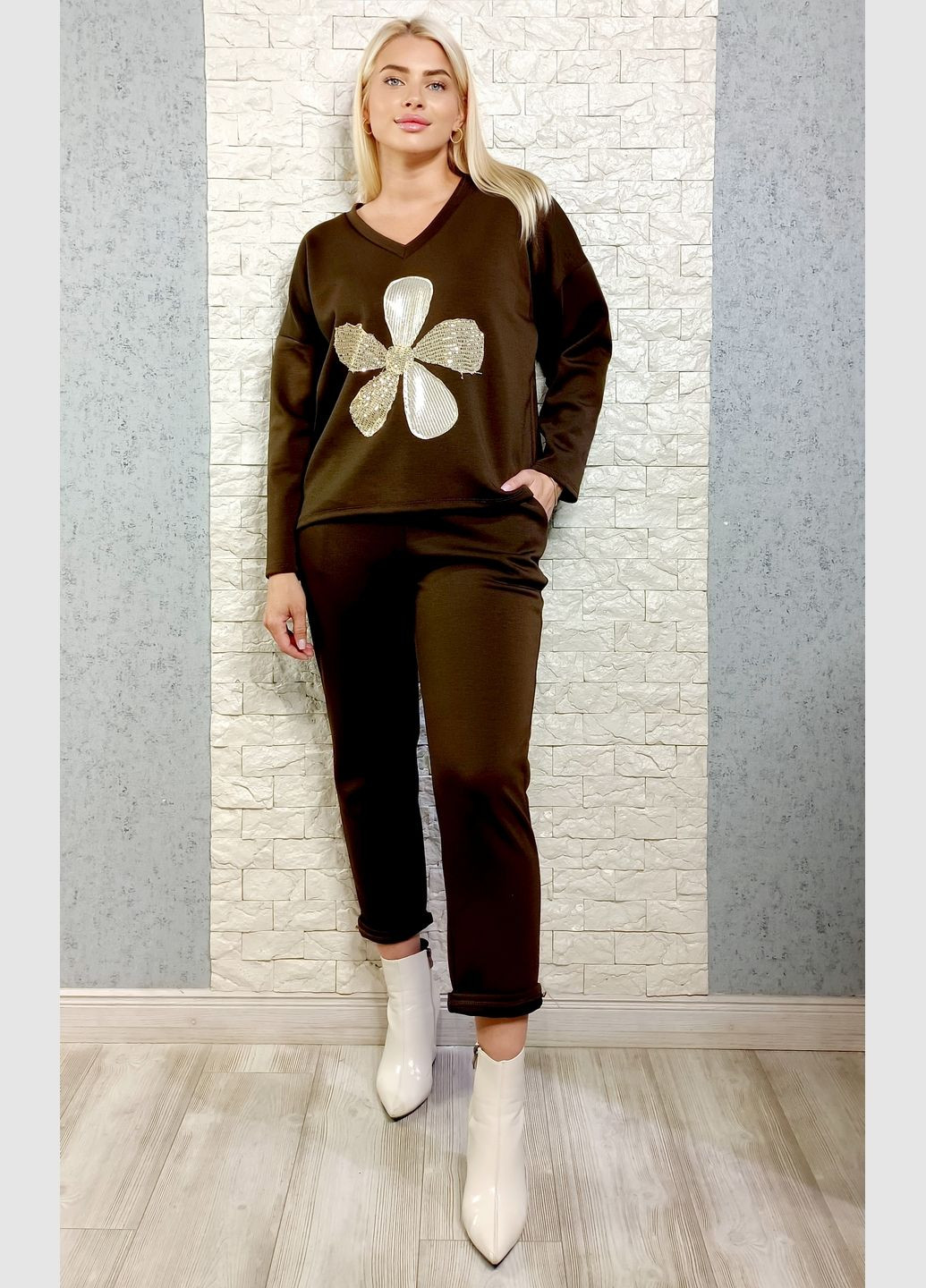 Костюм прогулочный (джемпер, брюки) Pammy з декоративною квіткою з паєток (360133783)